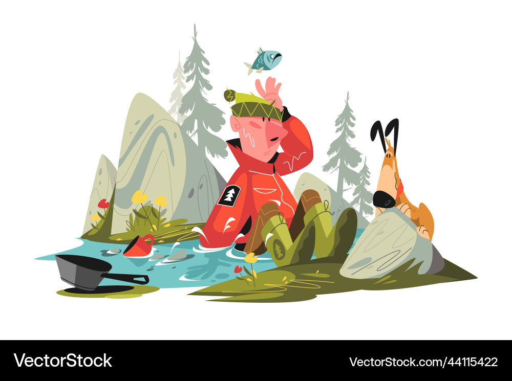 Man traveller falling into water and getting wet Vector Image