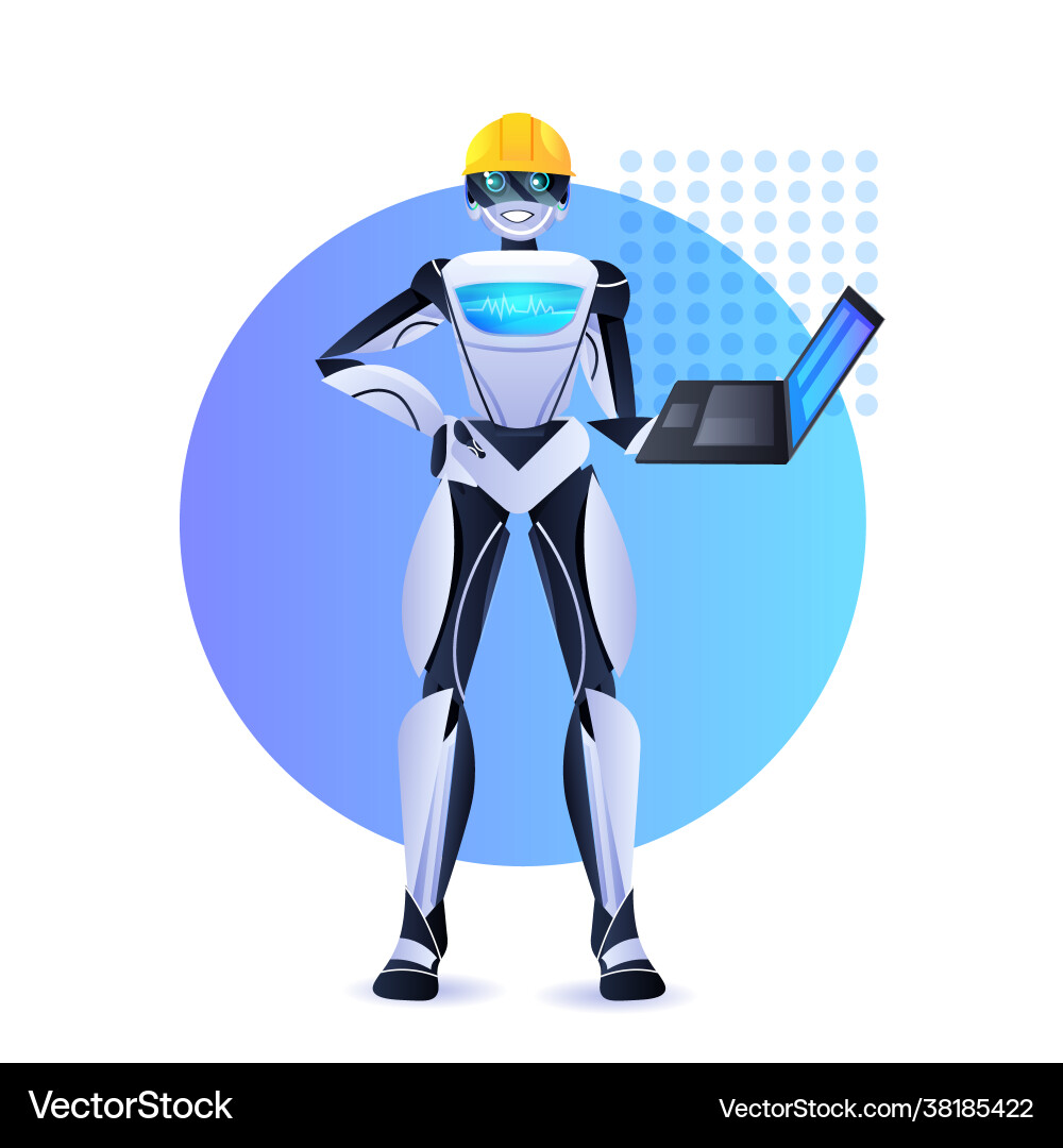 Robot engineer in helmet using laptop modern Robot engineer in helmet using laptop modern Vector Image