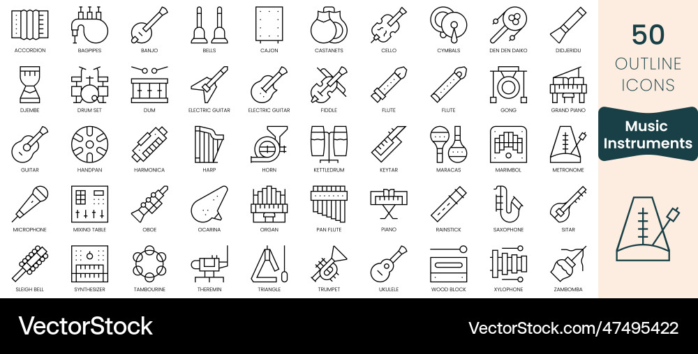 Set of music instruments icons thin linear style Vector Image