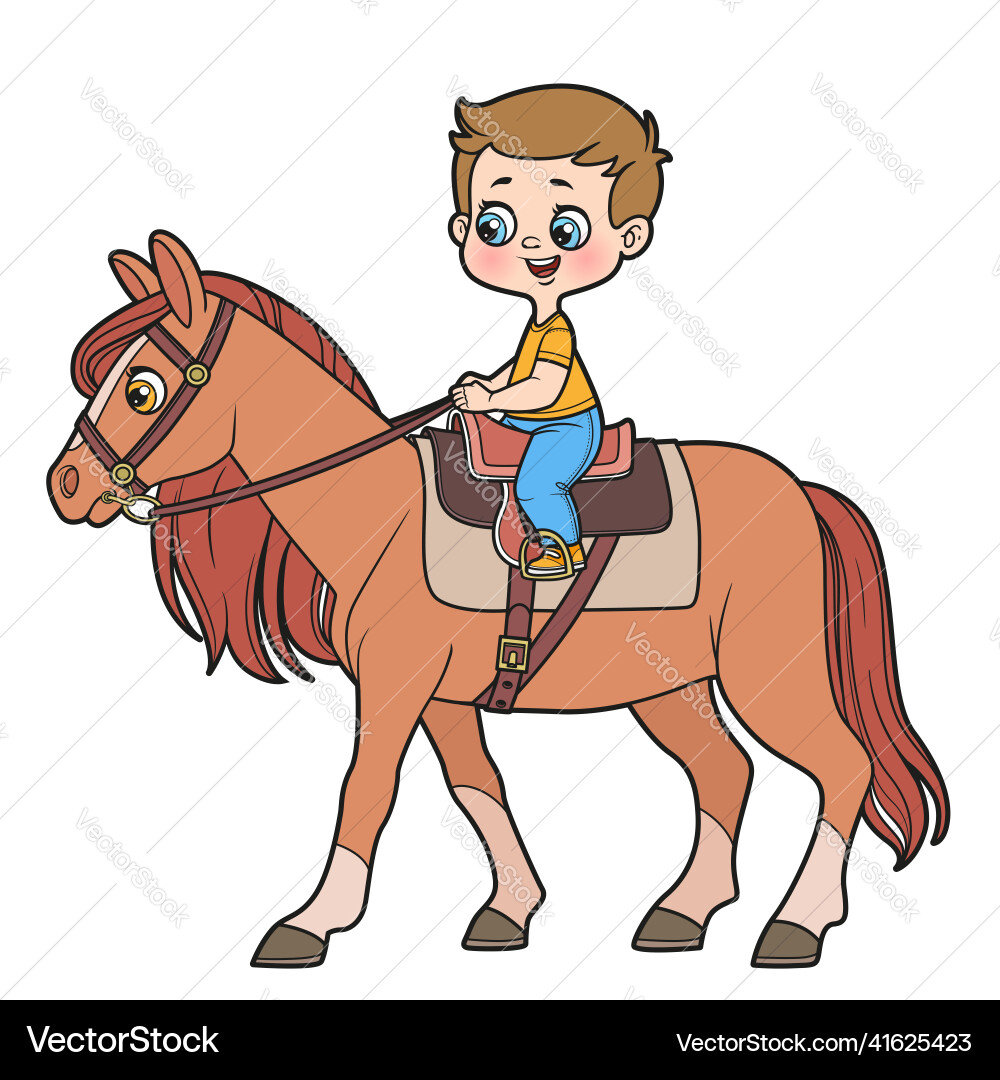 Cute Cartoon Junge reitet ein Pferd während sitzen Cute Cartoon Junge reitet ein Pferd während sitzen vektorbild