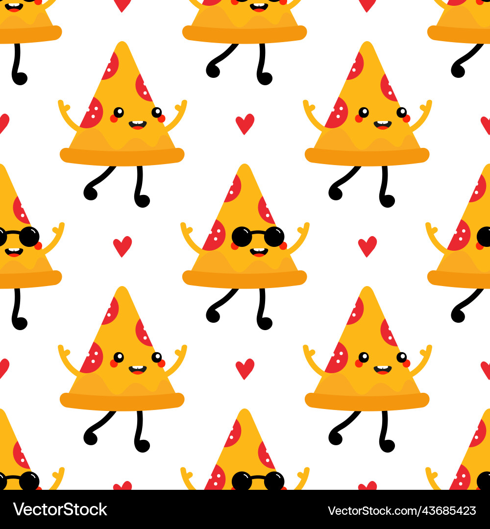 Pizza slice characters and red hearts pattern Pizza slice characters and red hearts pattern Vector Image