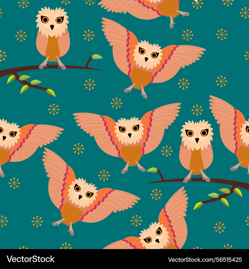 Seamless owl pattern with tuquoise background Vector Image