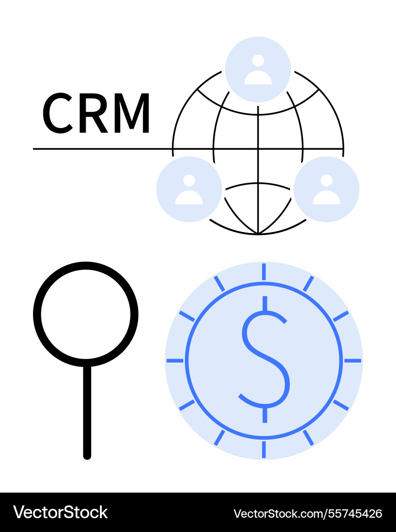 Crm network with user icons search magnifying Crm network with user icons search magnifying vector image