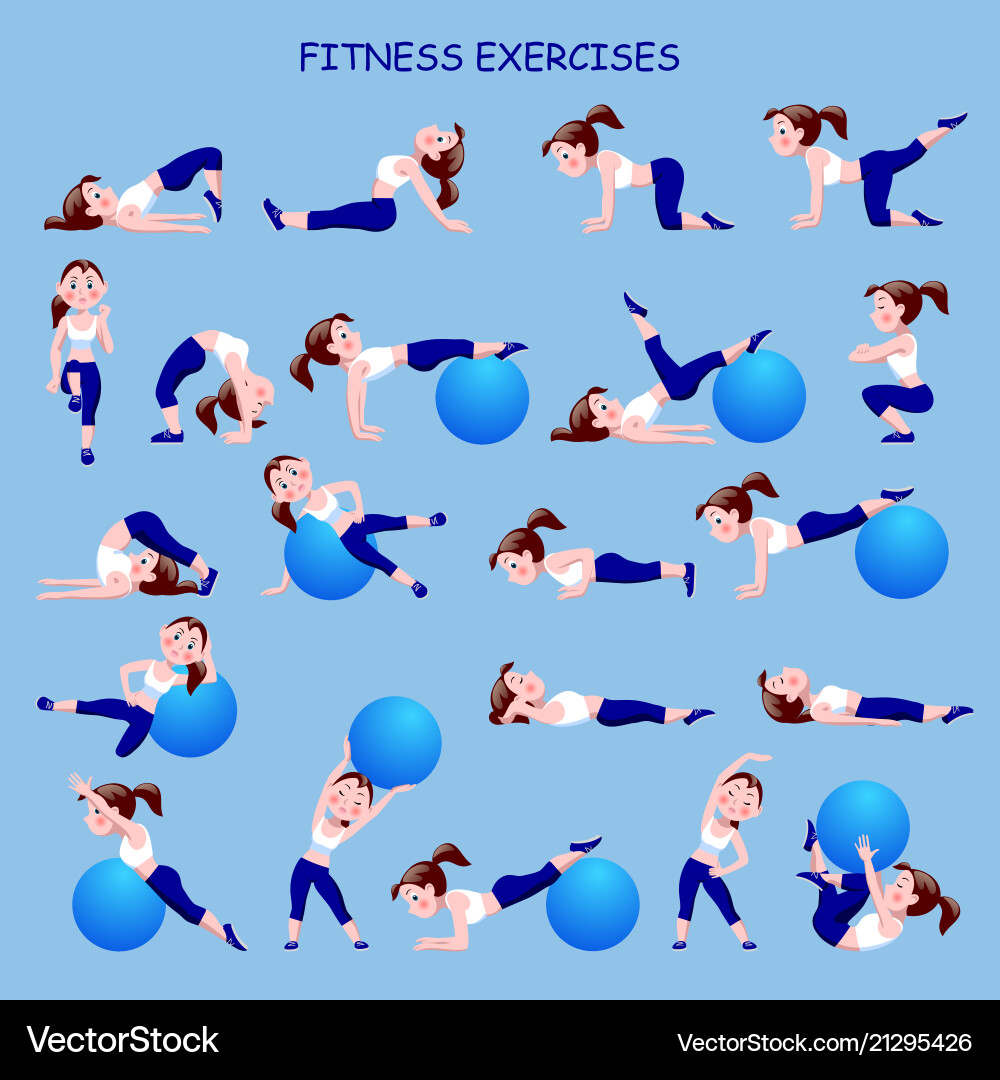 Fitnessübungen mit Cartoon Mädchen in blau Fitnessübungen mit Cartoon Mädchen in blau vektorbild