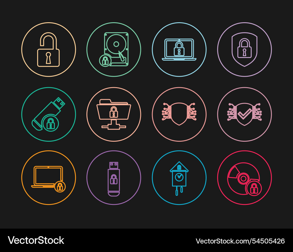 Set line cd or dvd disk with lock cyber security Vector Image