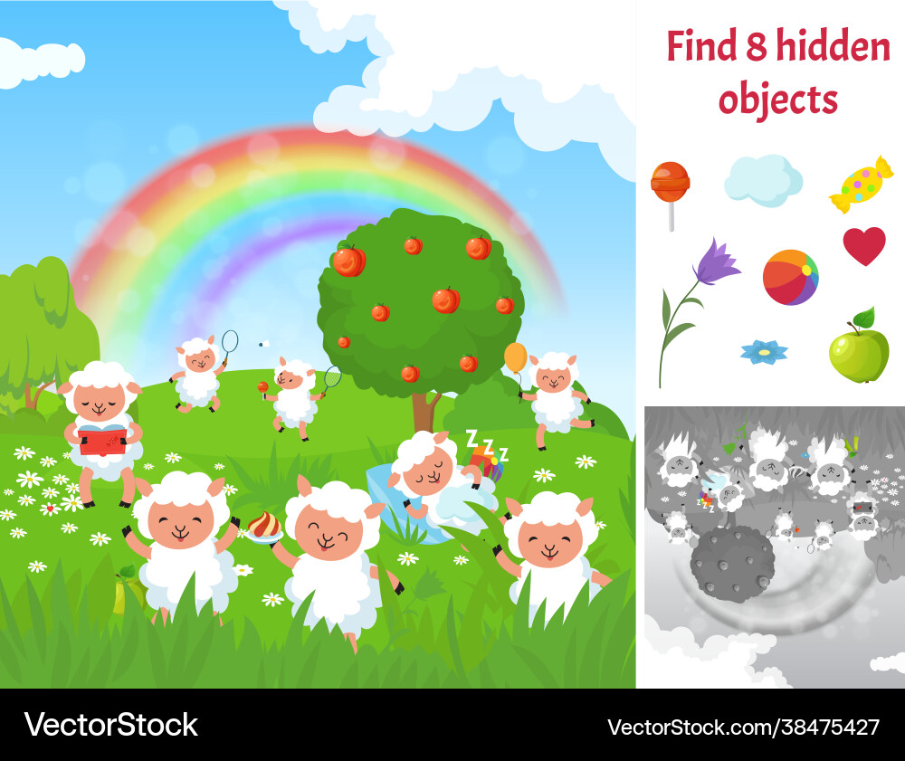 Find hidden objects kids puzzle game with sheep Find hidden objects kids puzzle game with sheep vector image