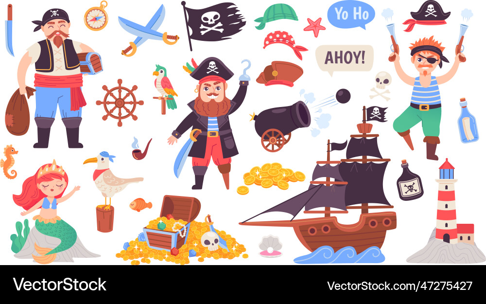 Pirate adventure collection doodle pirates cute Pirate adventure collection doodle pirates cute vector image