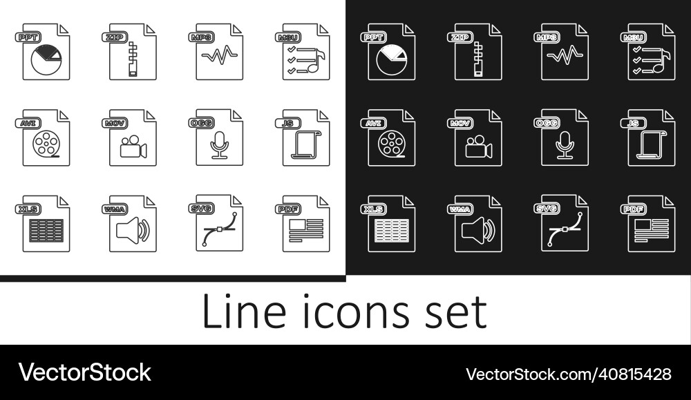 Set line pdf file document js mp3 mov avi ppt Set line pdf file document js mp3 mov avi ppt vector image