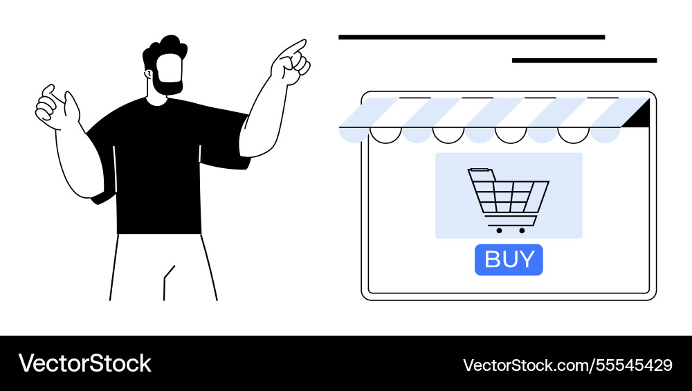 Man gesturing towards an online storefront Man gesturing towards an online storefront Vector Image