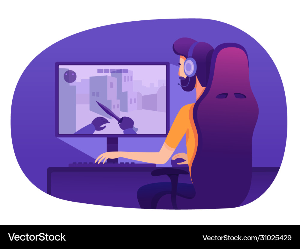 Man in headset playing video game at computer Man in headset playing video game at computer Vector Image