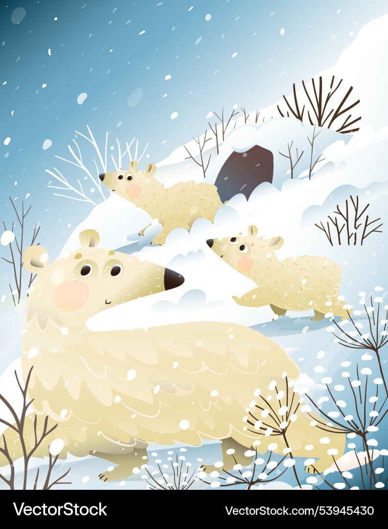 Polar bear mother and cubs walk in winter from den Polar bear mother and cubs walk in winter from den vector image