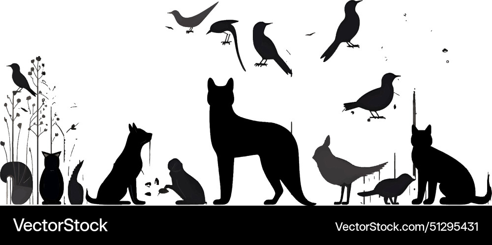 Schwarze Silhouette vieler Katzen und Vögel auf weiß Schwarze Silhouette vieler Katzen und Vögel auf weiß vektorbild