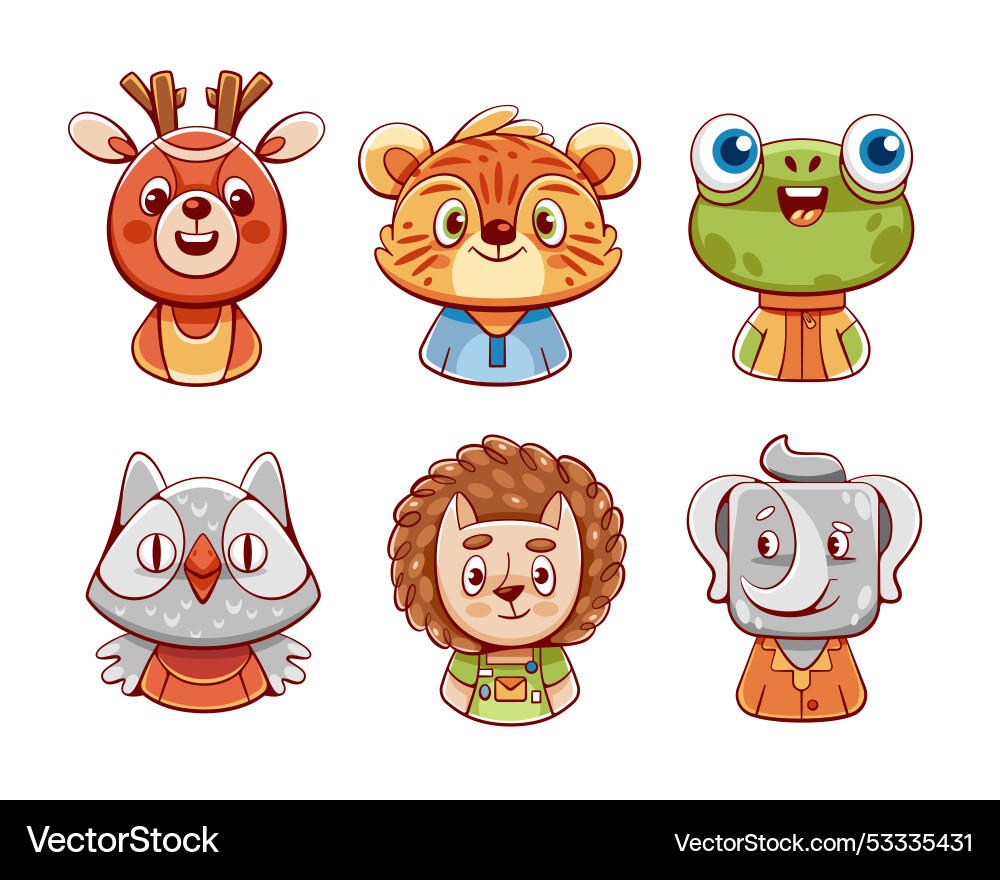 Set of cute animals deer owl frog tiger Set of cute animals deer owl frog tiger vector image