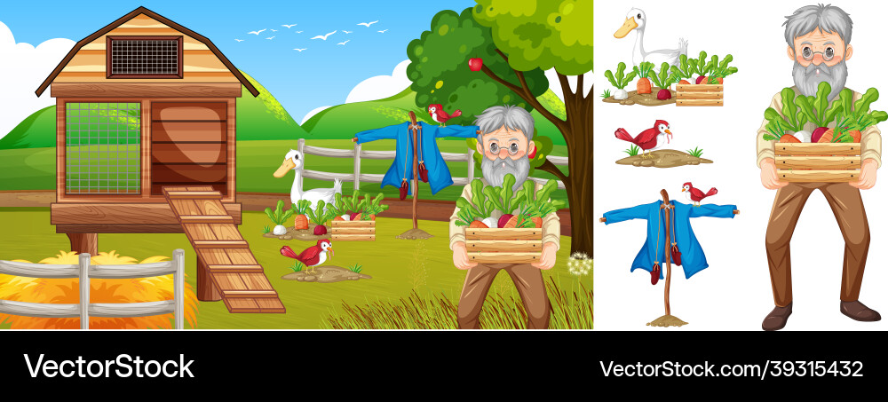 Farm element set isolated with scene Vector Image