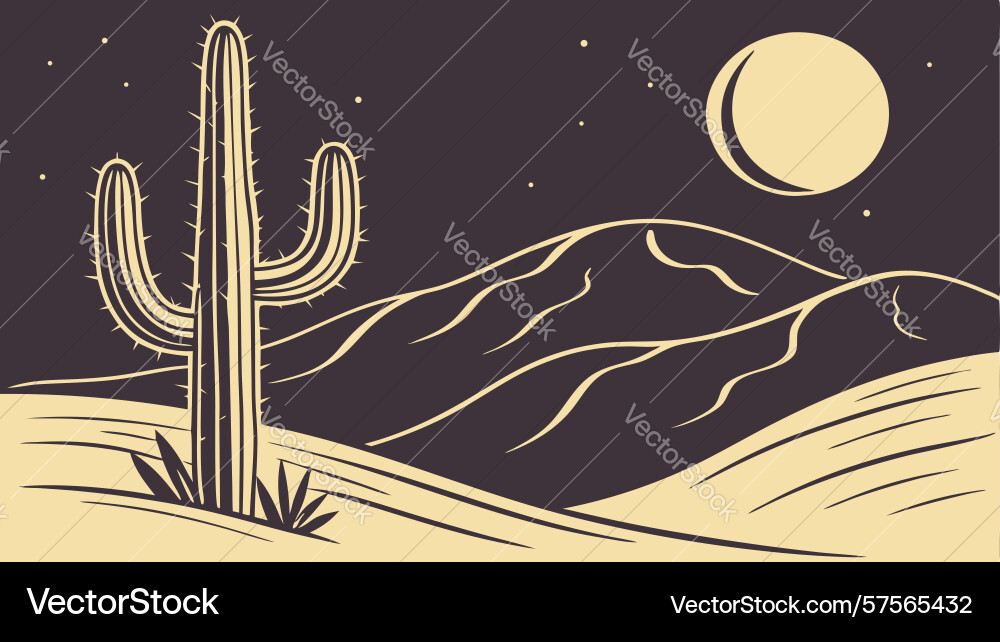 Saguaro cactus with moon and sun in desert Vector Image