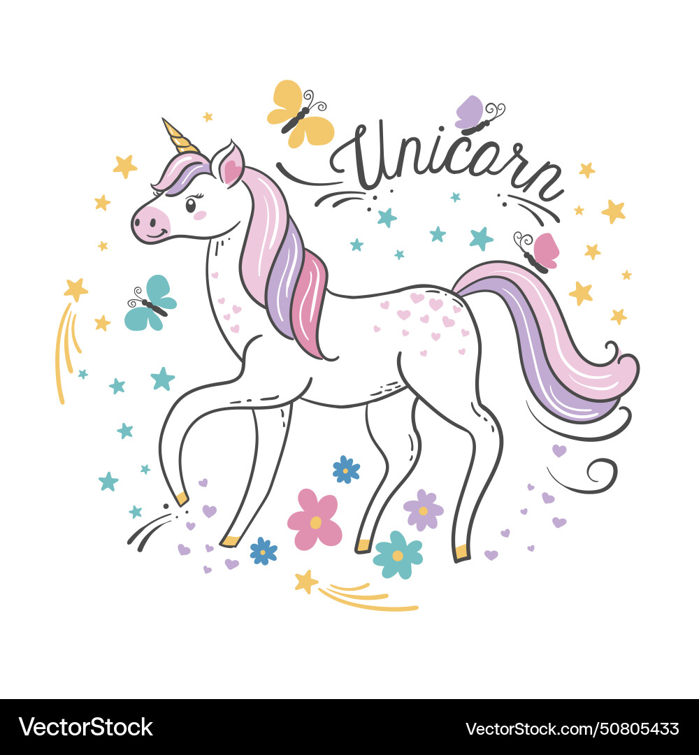 Beautiful unicorn with butterflies and stars Beautiful unicorn with butterflies and stars vector image