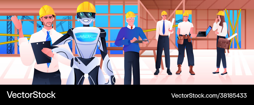 Robot and workmen engineers in hardhats standing Vector Image