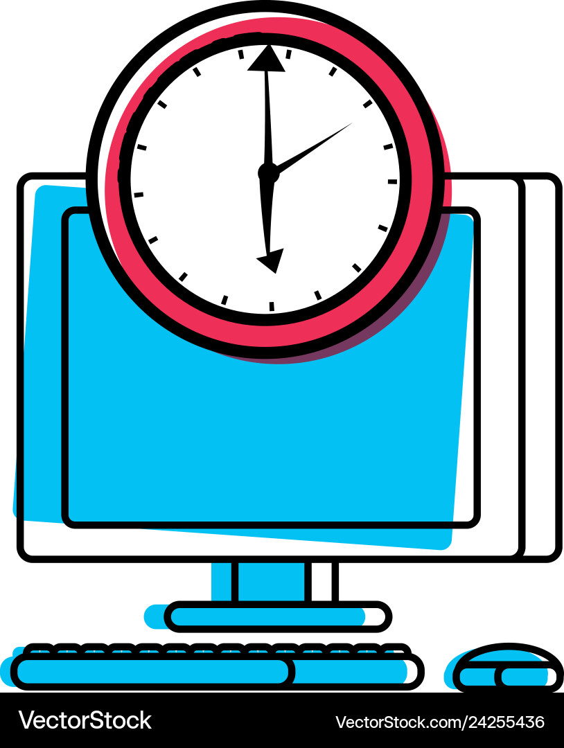 Desktop computer with clock time Vector Image