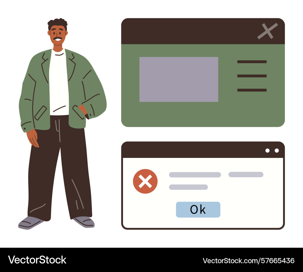 Man standing next to ui windows representing vector image