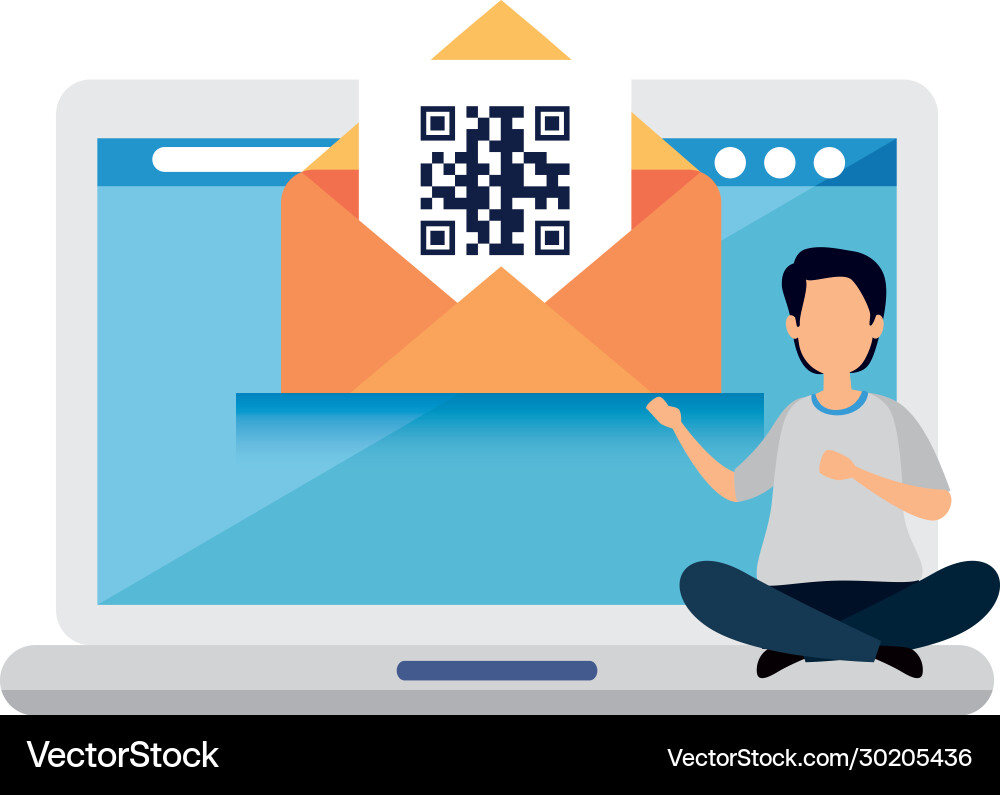 Man with qr code in envelope and laptop Man with qr code in envelope and laptop Vector Image