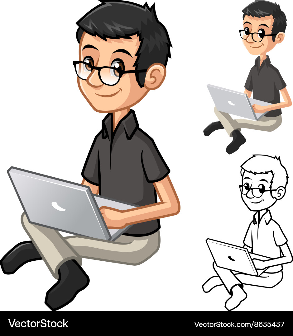 Geek with glasses playing a notebook and sit pose vector image