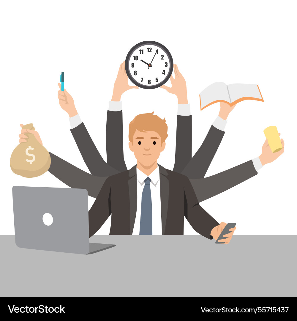 Multitasking businessman managing multiple tasks Multitasking businessman managing multiple tasks vector image