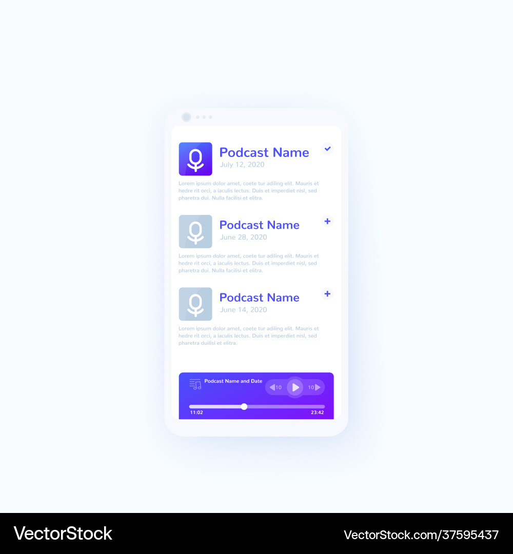 Podcast app and player mobile ui design Vector Image