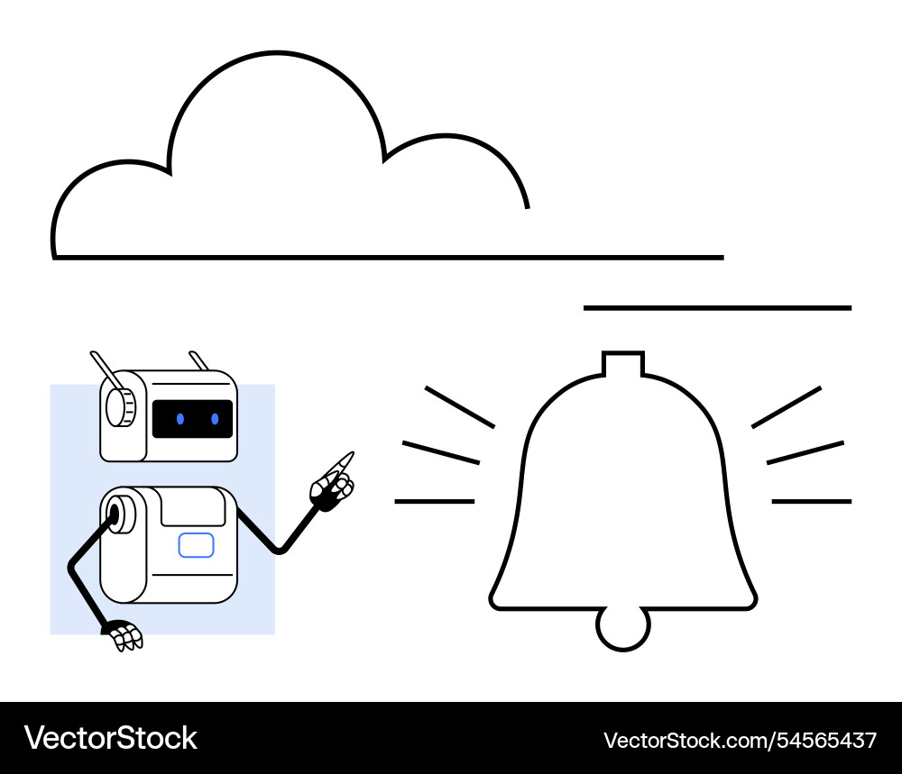Robot pointing to notification bell below cloud Robot pointing to notification bell below cloud vector image