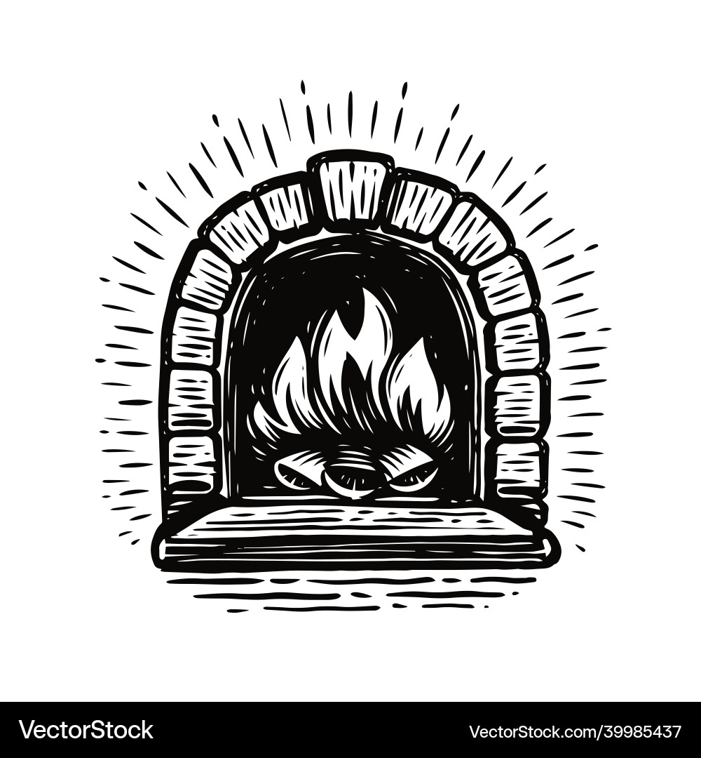 Stone wood burning stove with open fire hand vector image