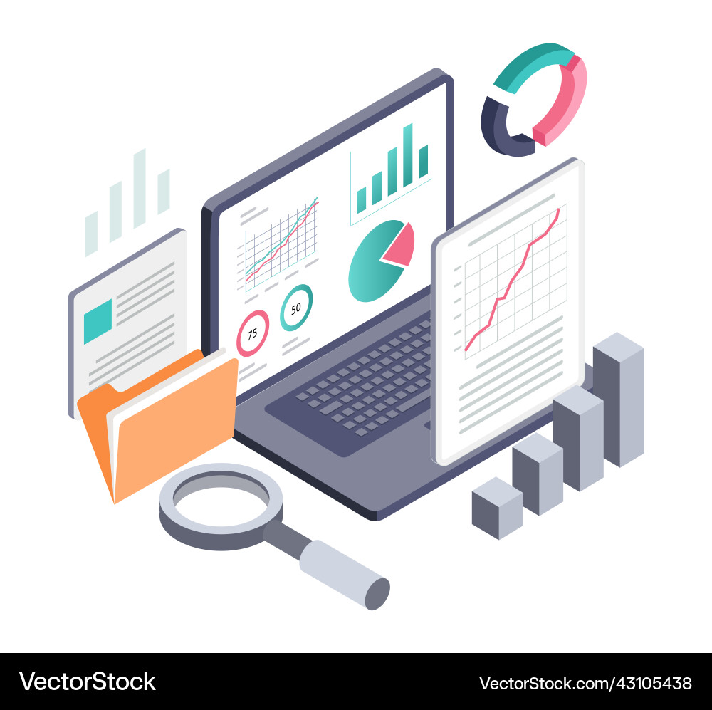 Concept of isometric computer data analysis Vector Image