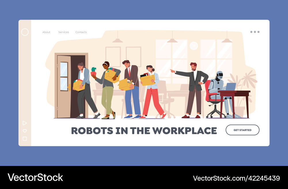 Robots in the workplace landing page template vector image