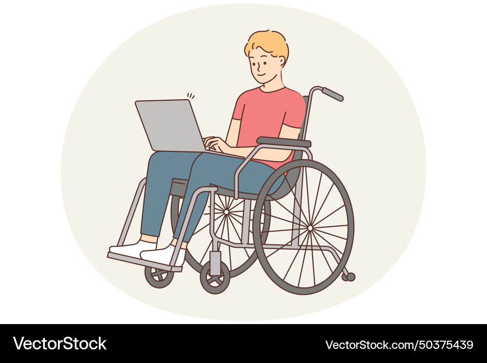 Smiling man in wheelchair work on computer Smiling man in wheelchair work on computer vector image