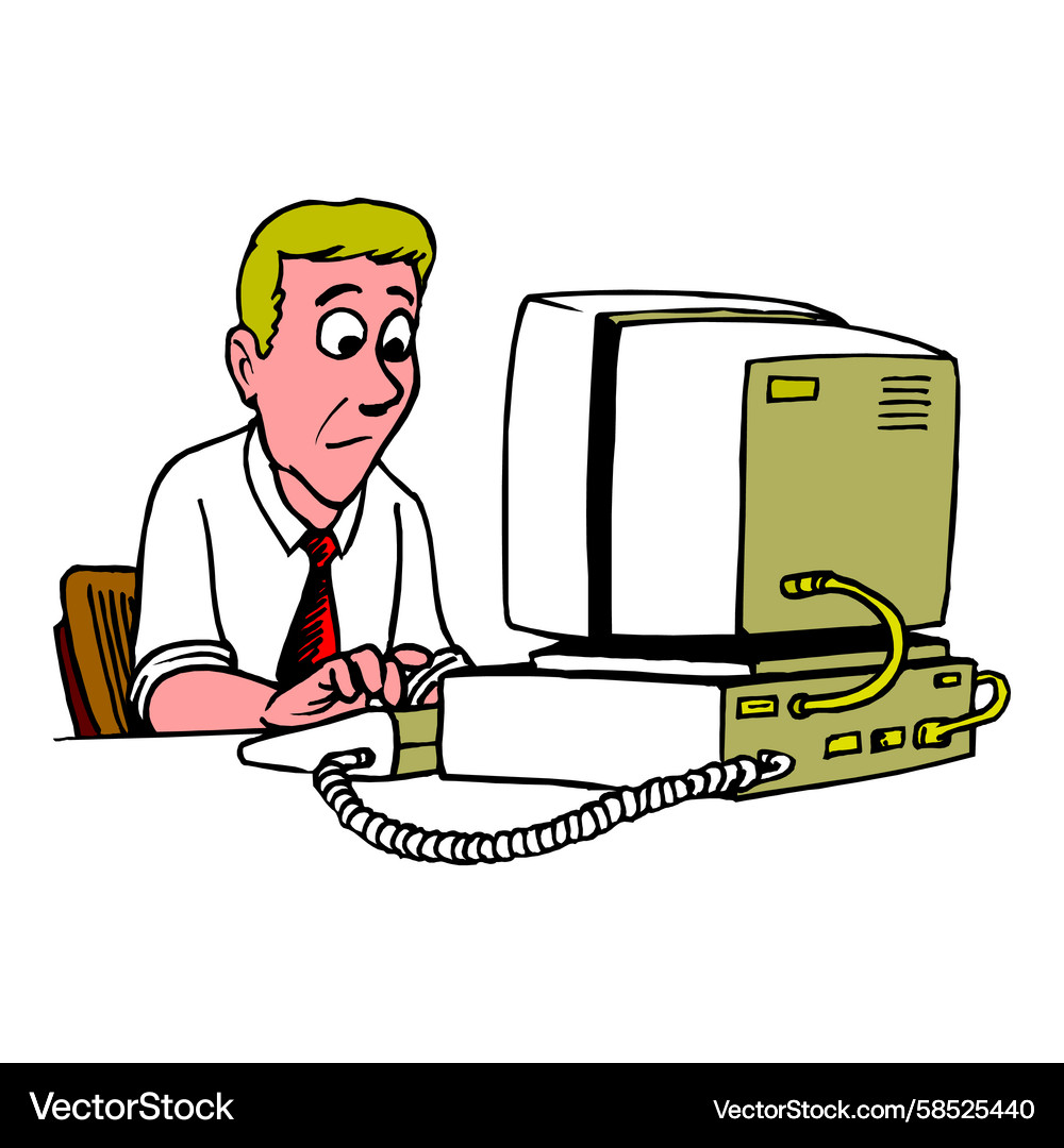 Cartoon Worker at Computer Vector Image