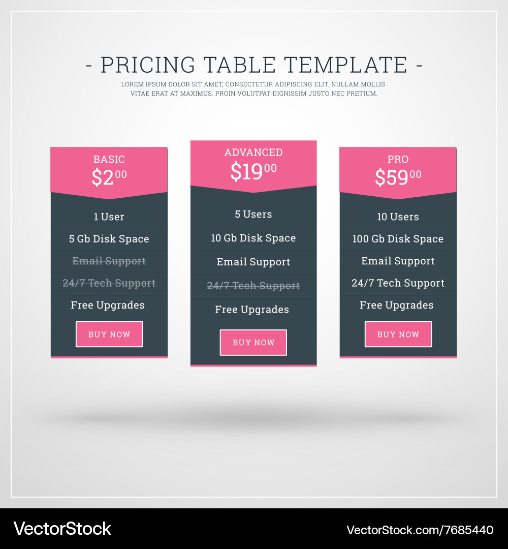 Design template for pricing table websites Vector Image