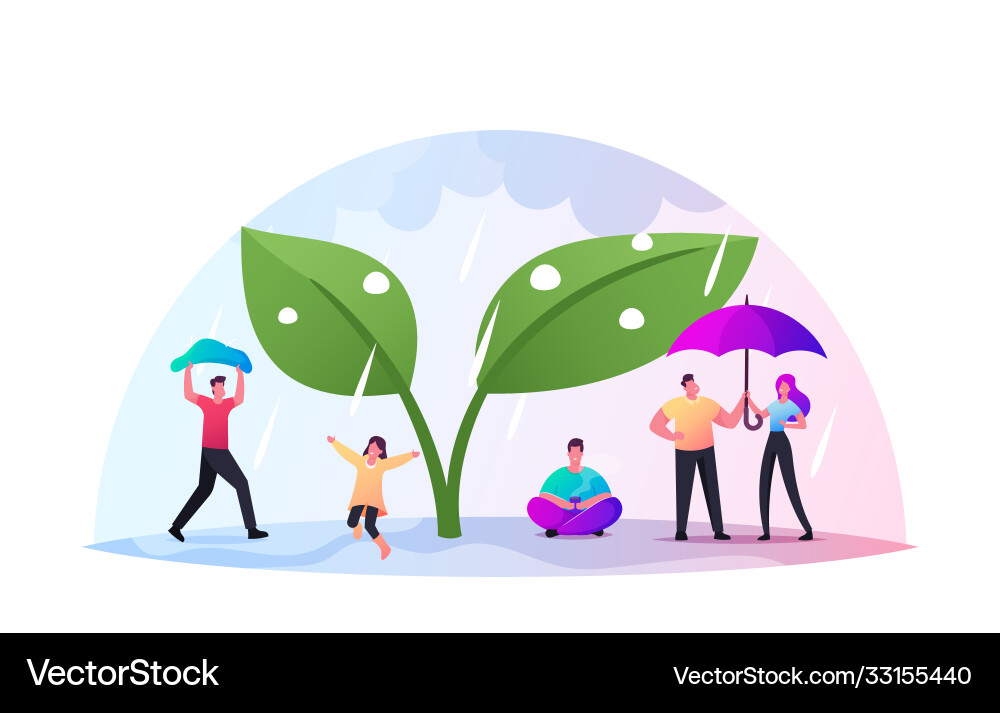 Happy tiny characters with umbrellas hide from Vector Image