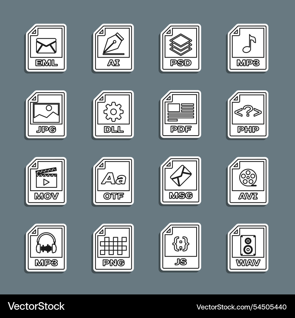 Set line wav file document avi php psd dll jpg Set line wav file document avi php psd dll jpg Vector Image