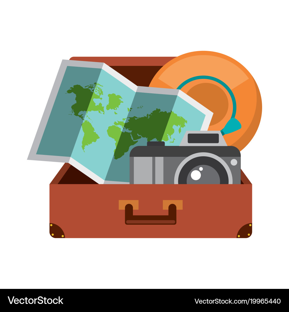 Suitcase with folded map camera and hat inside Vector Image