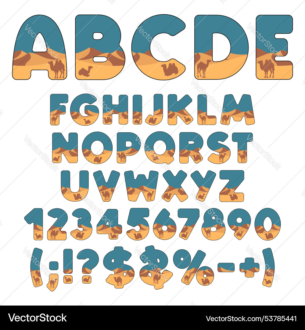 Alphabet font with desert dunes and camel Alphabet font with desert dunes and camel vector image