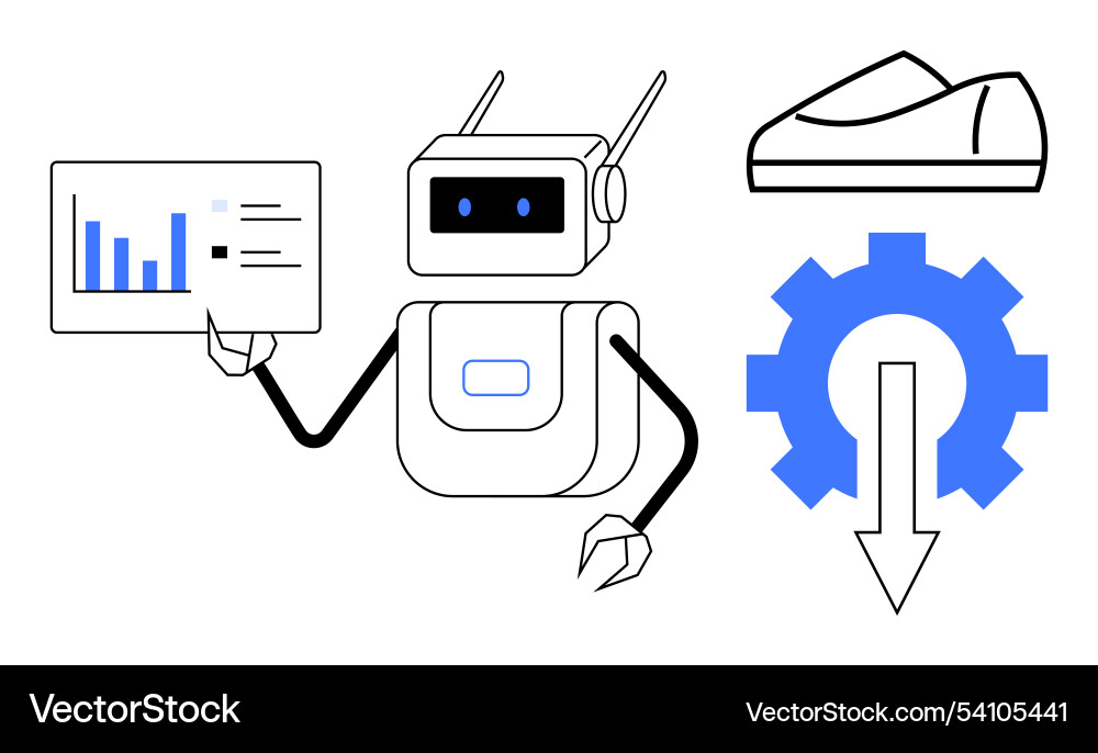 Robot analyzing data with gear and shoe icons Robot analyzing data with gear and shoe icons vector image