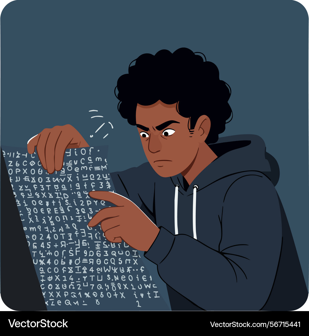 Young man decoding encrypted message with focused Vector Image