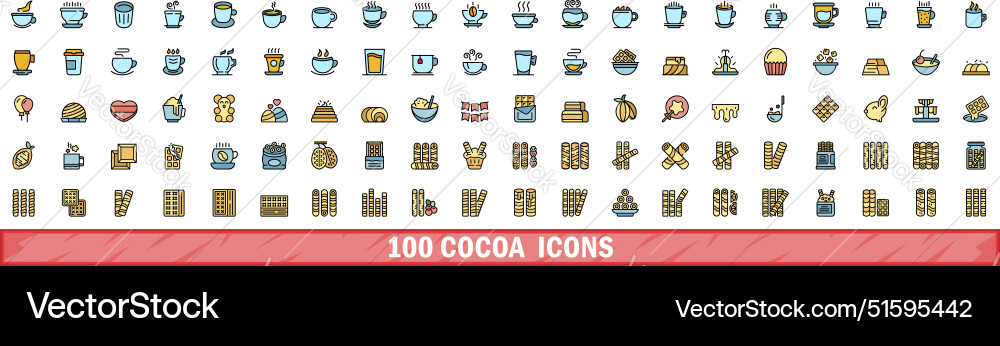 100 cocoa icons set color line style 100 cocoa icons set color line style vector image