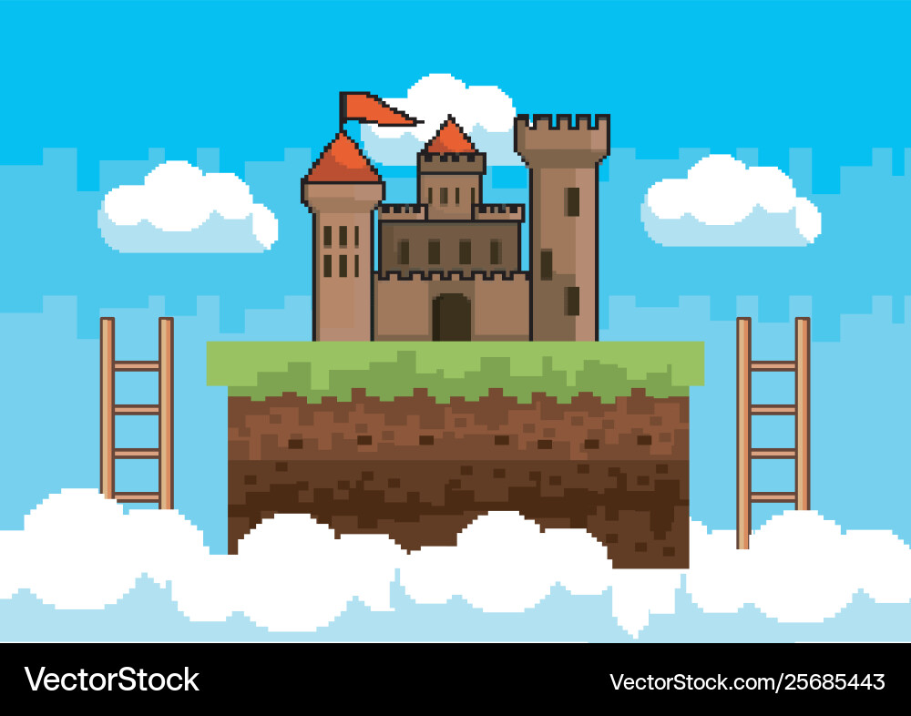 Arcade game world and pixel scene design Vector Image