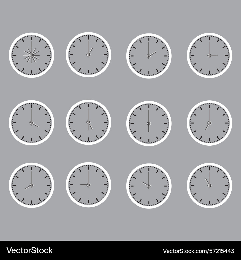 Set of twelve minimalist analog clocks showing Set of twelve minimalist analog clocks showing vector image