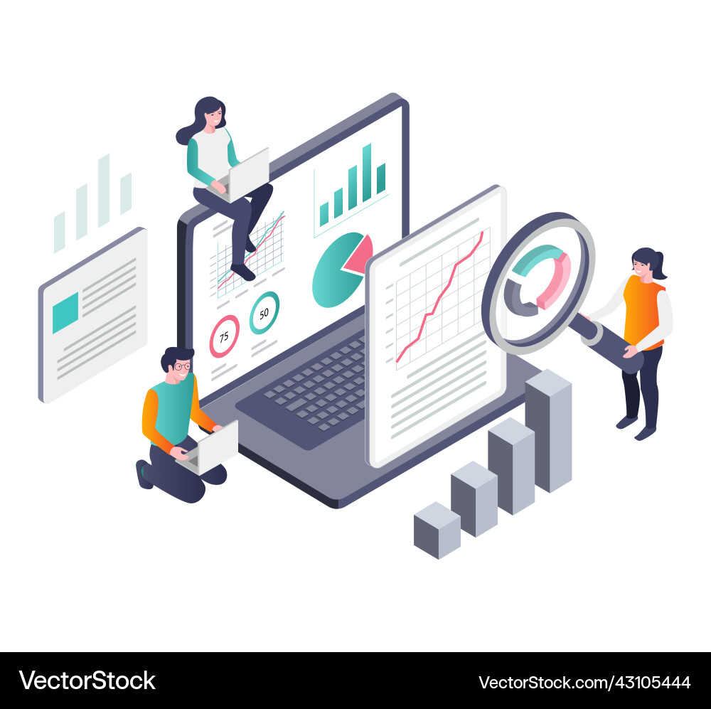 Concept of isometric team collecting analyst data Concept of isometric team collecting analyst data Vector Image