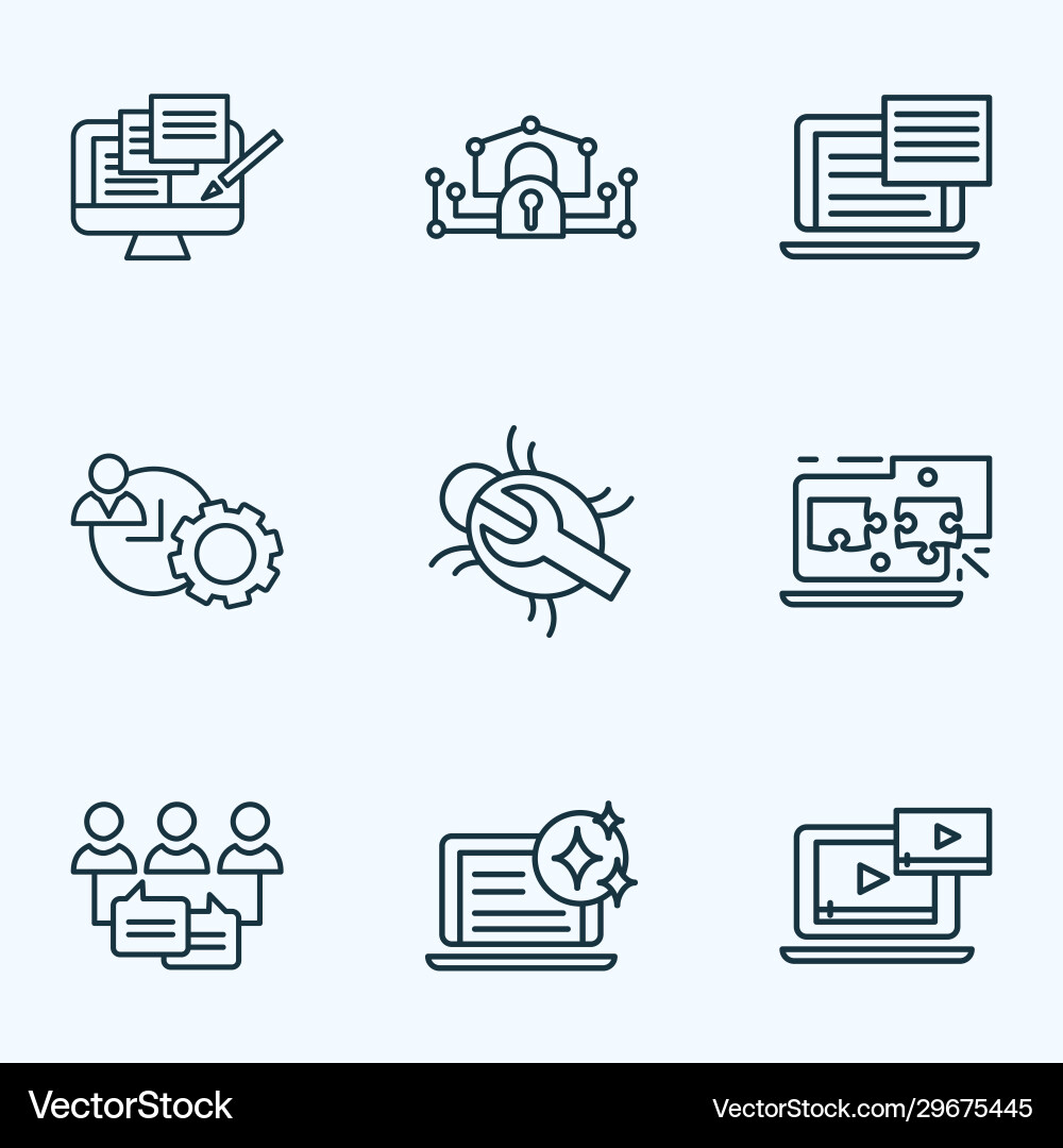 Optimization icons line style set with bug fixing Optimization icons line style set with bug fixing vector image