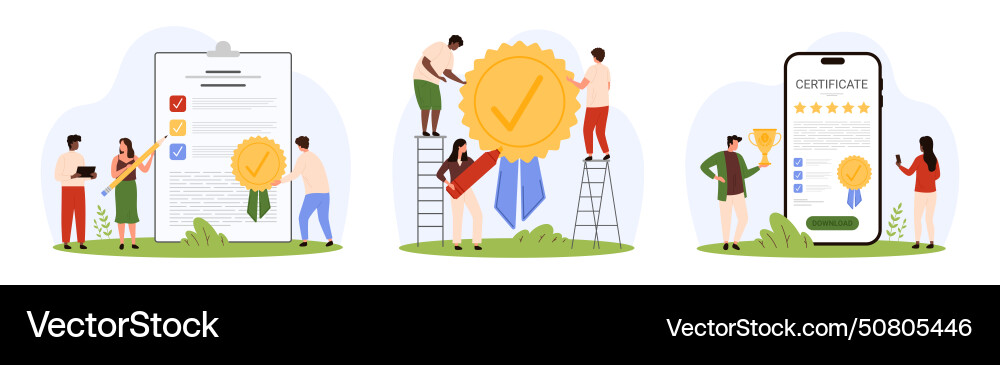 Document approval with quality seal set tiny vector image