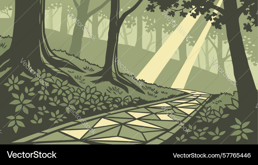 Enchanted forest path with sunlit rays design Vector Image