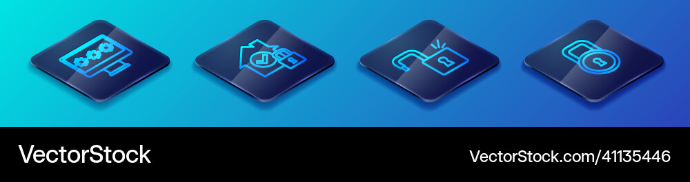 Set isometric line open padlock monitor Vector Image