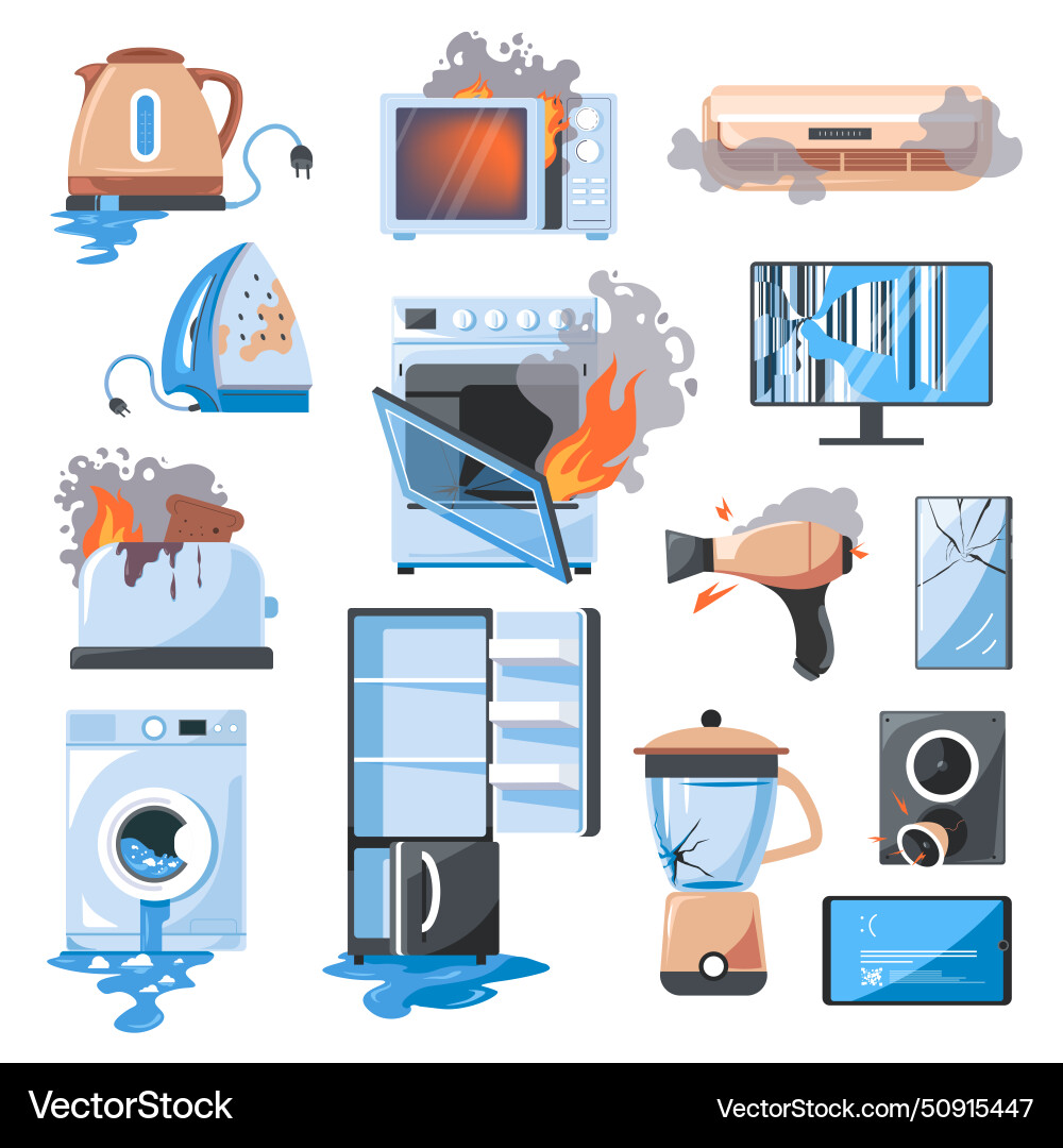 Broken Kitchen And Home Appliances Devices Vector Image broken-kitchen-and-home-appliances-devices-vector-image