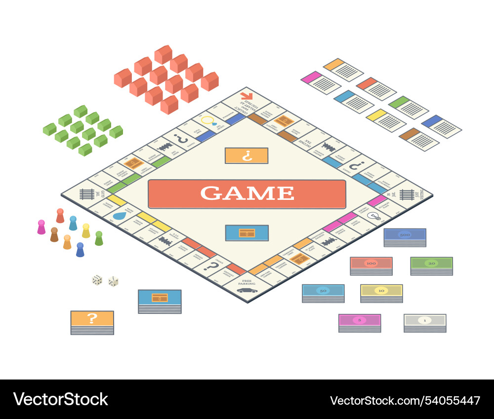Cartoon color table game set 3d isometric view Cartoon color table game set 3d isometric view vector image